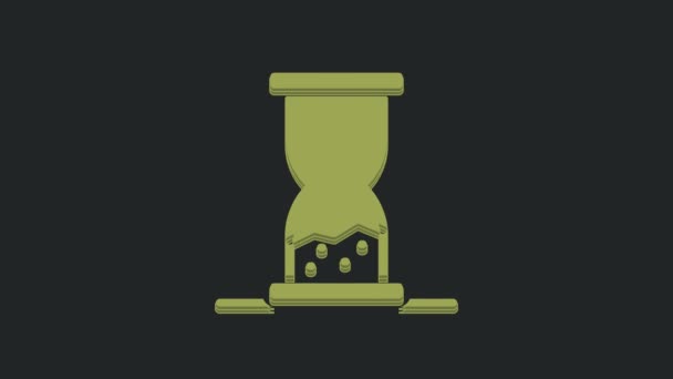 黒い背景に流れる砂のアイコンと緑の古い砂時計 砂時計の看板 ビジネスと時間管理の概念 4Kビデオモーショングラフィックアニメーション — ストック動画