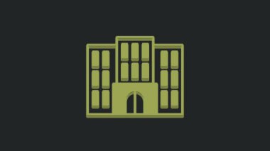 Yeşil otel binası simgesi siyah arkaplanda izole edildi. 4K Video hareketli grafik canlandırması.