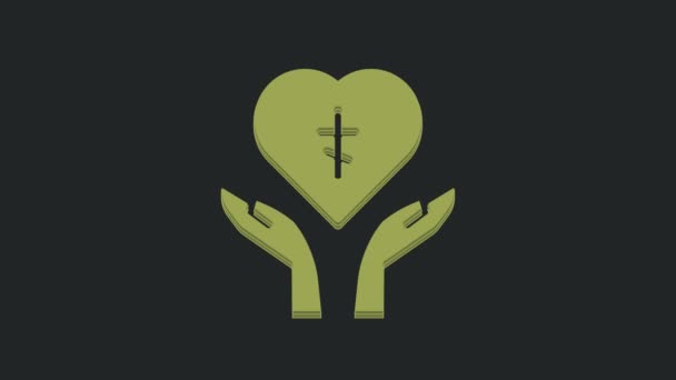 Grön Religiöst Kors Hjärtat Inuti Ikonen Isolerad Svart Bakgrund Kärlek — Stockvideo