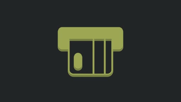 黒の背景に隔離されたカードリーダーアイコンに挿入されたグリーンクレジットカード Atmの現金機 4Kビデオモーショングラフィックアニメーション — ストック動画