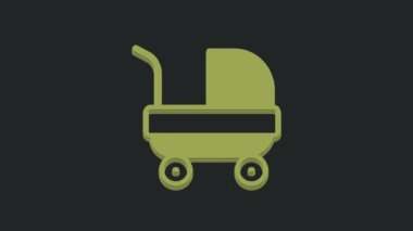 Yeşil bebek arabası simgesi siyah arkaplanda izole edildi. Bebek arabası, at arabası, bebek arabası, bebek arabası, tekerlek. 4K Video hareketli grafik canlandırması.