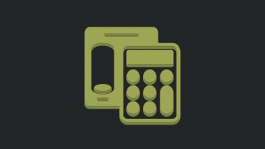 Siyah arkaplanda yeşil hesap makinesi simgesi izole edildi. Muhasebe sembolü. İş hesaplamaları matematik eğitimi ve finans. 4K Video hareketli grafik canlandırması.