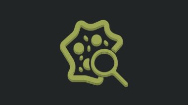 Büyüteç simgesi altındaki yeşil mikroorganizmalar siyah arkaplanda izole edilmiş. Bakteri ve mikroplar, hücre kanseri, mikrop, virüs, mantar. 4K Video hareketli grafik canlandırması.