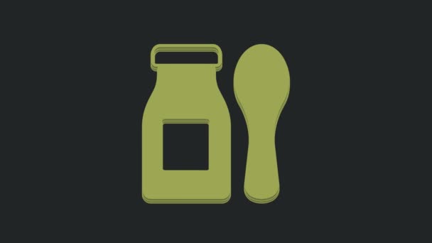 Green Drinking Yogurt Bottle Spoon Icon Isolated Black Background Baby — Stock Video