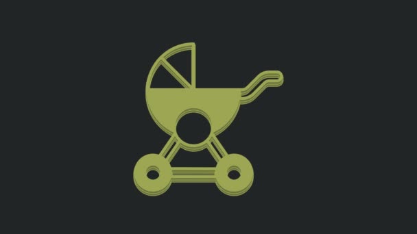 黒の背景に隔離された緑のベビーベビーカーアイコン 赤ちゃんの馬車 バギー プラム ベビーカー ホイール 4Kビデオモーショングラフィックアニメーション — ストック動画