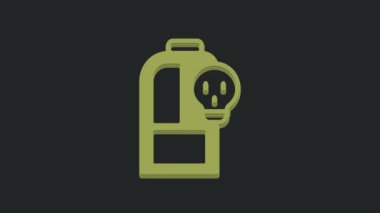 Siyah zemin üzerinde zehirli sıvı ikonu olan yeşil laboratuvar kimyasal deney şişesi. Biyolojik tehlike sembolü. Radyasyon ikonu olan tehlikeli bir sembol. 4K Video hareketli grafik canlandırması.