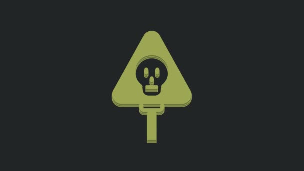 黒の背景に隔離された毒性警告アイコンの兆候としての緑の骨と頭蓋骨 4Kビデオモーショングラフィックアニメーション — ストック動画