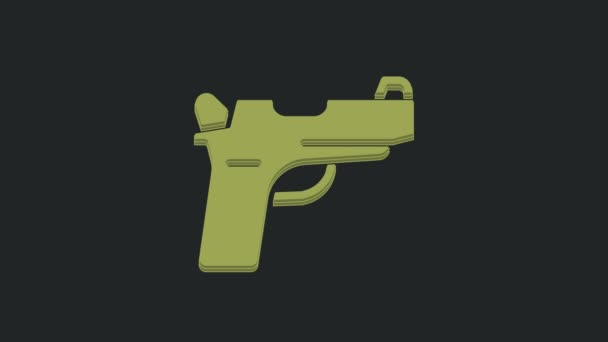 緑色のピストルまたは銃アイコンは黒の背景に隔離されています 警察や軍の拳銃 小火器だ 4Kビデオモーショングラフィックアニメーション — ストック動画