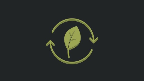 Green Recycle Symbool Met Blad Pictogram Geïsoleerd Zwarte Achtergrond Circulaire — Stockvideo