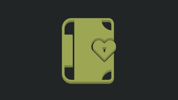 緑の愛日記ノートブックアルバムのアイコンは黒の背景に隔離された ハッピーバレンタインデー 4Kビデオモーショングラフィックアニメーション — ストック動画