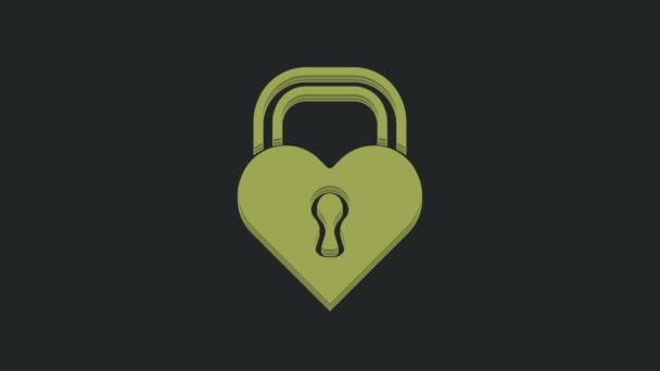 黒の背景に隔離されたハートアイコンの形をした緑の城 心をロックした 愛のシンボルと鍵穴の標識 ハッピーバレンタインデー 4Kビデオモーショングラフィックアニメーション — ストック動画