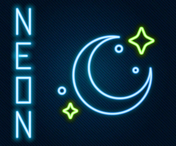 Ligne Lumineuse Néon Lune Étoiles Icône Isolée Sur Fond Noir — Image vectorielle