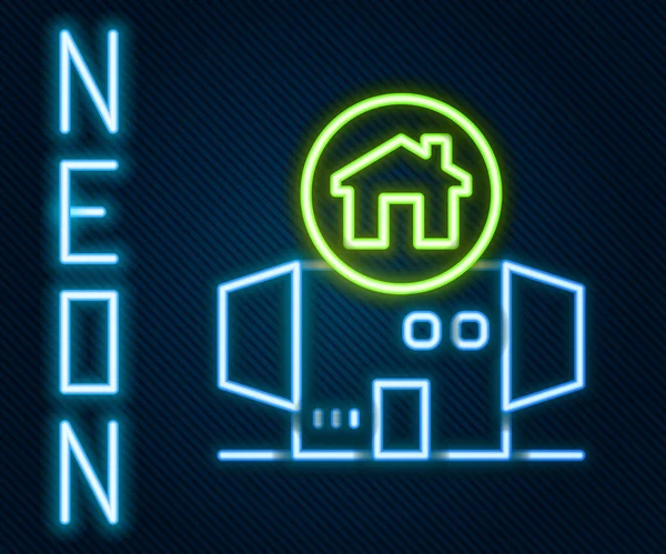 Gloeiende Neon Lijn Dakloos Kartonnen Huis Icoon Geïsoleerd Zwarte Achtergrond — Stockvector