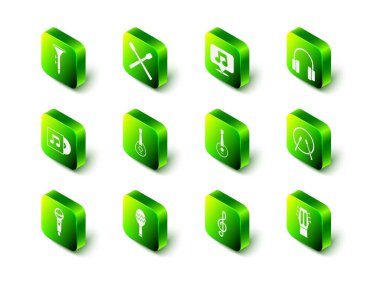 Bateri çubukları, müzik notası, ton, kulaklık ve davul, Gitar, Banjo, Treble clef ve Maracas ikonu. Vektör