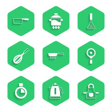 Kızartma tavası, elektrikli çaydanlık, mutfak önlüğü, Stopwatch, çırpma, barbekü spatulası ve tencere ikonu. Vektör