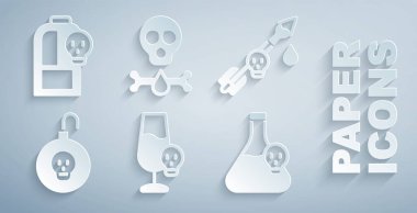 Zehirli alkolü, oku, nükleer bombayı zehirli sıvıyla şişeyi, kemikleri, kafatasını ve ikonu hazırla. Vektör