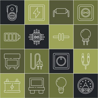 Hat Ampere ölçer, voltmetre, ses kriko, ışık yayan diyot, direnç elektriği, mikrodevreli işlemci, pil şarj seviyesi göstergesi, elektrik prizi ve şema simgesi ayarla. Vektör