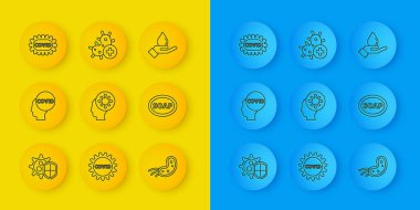 Kalkan 'ı virüsten, Corona Covid-19' dan, Virüs 'ten, İnsan ve Virüs' ten, Sabun Çubuğundan, Yıkama Elleri ve Pozitif Simge 'den koru. Vektör