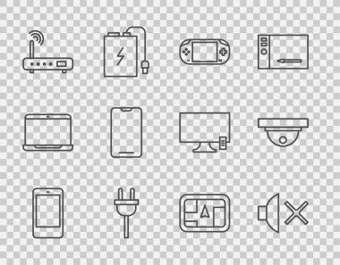 Hat Smartphone, cep telefonu, Hoparlör sesi, Taşınabilir video oyun konsolu, Elektrik prizi, Router ve wi-fi sinyali, harita ve hareket sensörü simgesi olan GPS cihazı ayarla. Vektör