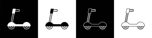 黒と白の背景に隔離された子供のアイコンのためのローラースクーターを設定します キックスクーターやバランスバイク ベクトル — ストックベクタ