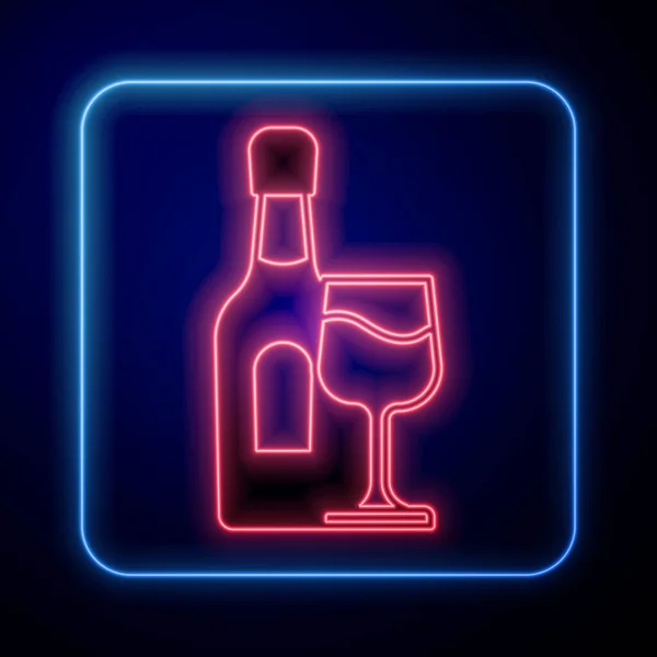 Glödande Neon Vinflaska Med Glas Ikon Isolerad Svart Bakgrund Vektor — Stock vektor