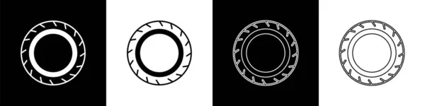 Set Car Tire Wheel Icon Isolated Black White Background Vector — Stok Vektör