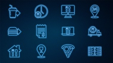 Lokanta menüsünü ayarla, hızlı teslimat, internetten sipariş ver ve kağıt para, burger, kahve fincanı paket yap ve 24 saat ikonu doldur. Vektör