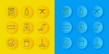 Çamaşır makinesi, sünger, ıslak zemin, plastik pompa, elektrikli süpürge, temizlik malzemesi ikonu için ütü masası ve şişe. Vektör