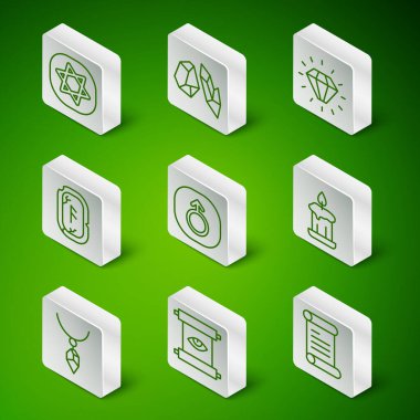 Hüküm, parşömen, parşömen, parşömen, Eskiler 'in büyüsü, Tarot kartları, Mars, Sihirli rünler, taş, kristal ve yanan mum ikonu ile kolye. Vektör