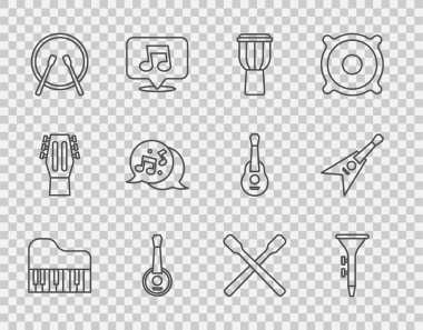 Büyük piyano, davul bagetleri, banjo, müzik notası, ton ve elektronik gitar ikonu. Vektör