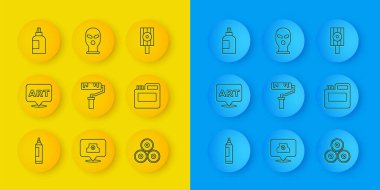 Satır İşaretleyici kalem, metin sanatıyla konuşma balonu, boya fırçası, sprey kutu, boya, gouache, kavanoz, boya, püskürtme başlığı ve kar maskesi simgesi. Vektör