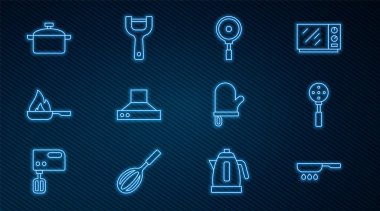 Hattı kurun, kızartma tavası, Spatula, mutfak vantilatörü, tencere, fırın eldiveni ve sebze soyacağı ikonu. Vektör