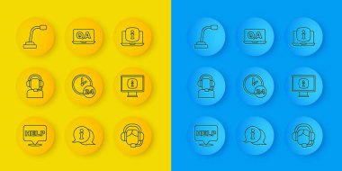 Metin Yardım, Erkek kulaklık, Saat 24, Kadın, Monitör bilgileri, Mikrofon, Laptop ve Soru ve Yanıt simgesi ile konuşma baloncuğunu ayarla. Vektör