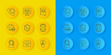 Satır Adamı kulaklığı, telefon 24 saat desteği, Bilgi, mobil ve zarf, Kullanıcı kılavuzu ve Soru Yanıtı simgesi ile ayarla. Vektör