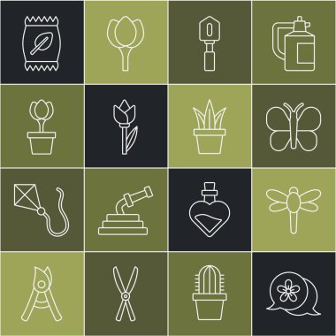 Çiçek, yusufçuk, kelebek, kürek, lale, saksı, gübre torbası ve bitki ikonu. Vektör