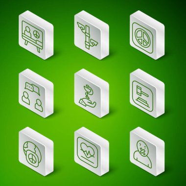 Hat sansür ve konuşma özgürlüğü, kalp atış hızı, barış, Caduceus yılan tıbbı, konuşma balonu sohbeti, güvenlik kamerası, uluslararası gündüz barışı ve Yargıç Tokmak ikonu. Vektör