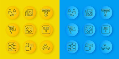 Dikenli tel, Barış, Hastane tabelası, polis arabası ve teşhirci, hapishane kapısı, cinsiyet eşitliği, sansürlü damga ve fotoğraf çerçevesi ikonu. Vektör