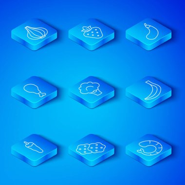 Biber, brokoli, bisküvi, muz, patlıcan, tavuk budu, sarımsak ve karides ikonu. Vektör