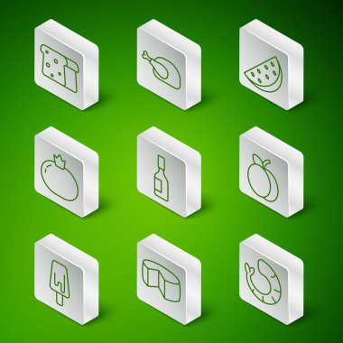 Çizgili karides, peynir, ekmek tostu, acı sos, domates, kızarmış hindi veya tavuk, dondurma ve erik suyu ikonu. Vektör