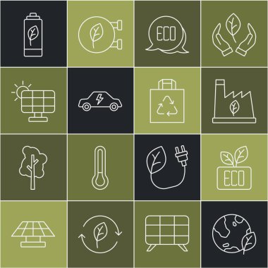 Yerküre küresi ve yaprak, Yaprak Eko sembolü, Bitki geri dönüşüm çöpü, elektrikli araba, güneş enerjisi paneli, doğa bataryası ve geri dönüşüm ikonuyla alışveriş. Vektör