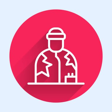 Beyaz çizgi evsiz ikonu uzun gölge arkaplan izole. Evsizlik sorunu. Kırmızı daire düğmesi. Vektör