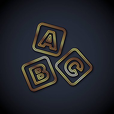 Altın çizgili ABC blok simgesi siyah arkaplanda izole edildi. A, B, C harfli alfabe küpleri. Vektör