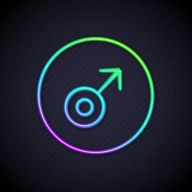 Parlayan neon hattı Mars sembolü simgesi siyah arkaplanda izole edildi. Astroloji, numeroloji, yıldız falı, astronomi. Vektör