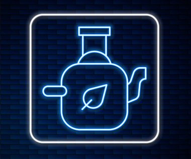 Glowing neon line Teapot with leaf icon isolated on brick wall background.  Vector