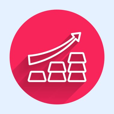 Beyaz çizgi Finans Çizgisi Büyüme Grafiği oku, uzun gölge arkaplan ile izole edilmiş altın çubuk simgesi. Finansal başarı kavramı. Altın yatırım konsepti. Kırmızı daire düğmesi. Vektör