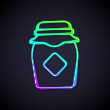 Parlayan neon hattı bal ikonu kavanozu siyah arkaplanda izole edildi. Yiyecek bankası. Tatlı doğal gıda sembolü. Vektör