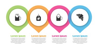 Bir fincan çay, gül, çay poşeti yaprağı, limon ve kruvasan. Ticari bilgi şablonu. Vektör