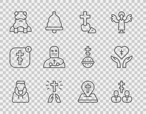 Set Line Mnich Kněz Křesťanský Kříž Ruce Modlící Pozici Křižák — Stockový vektor