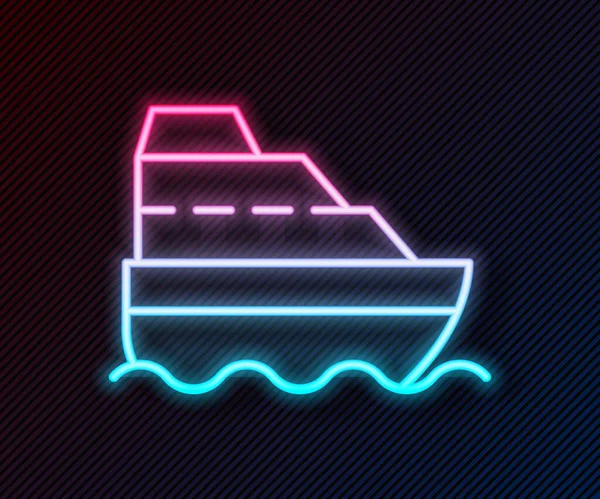 Zářící Neonové Linie Cruise Loď Oceánu Ikonu Izolované Černém Pozadí — Stockový vektor