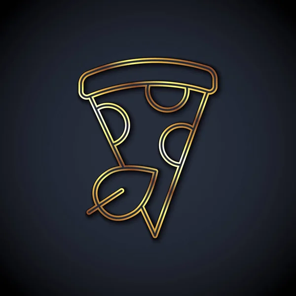 Goldene Linie Veganes Pizza Scheiben Symbol Isoliert Auf Schwarzem Hintergrund — Stockvektor